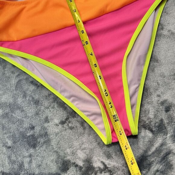 POPVIL Sz L High Waisted Bikini Bottom Neon Color Block Pink Yellow Orange NWT - Picture 8 of 10